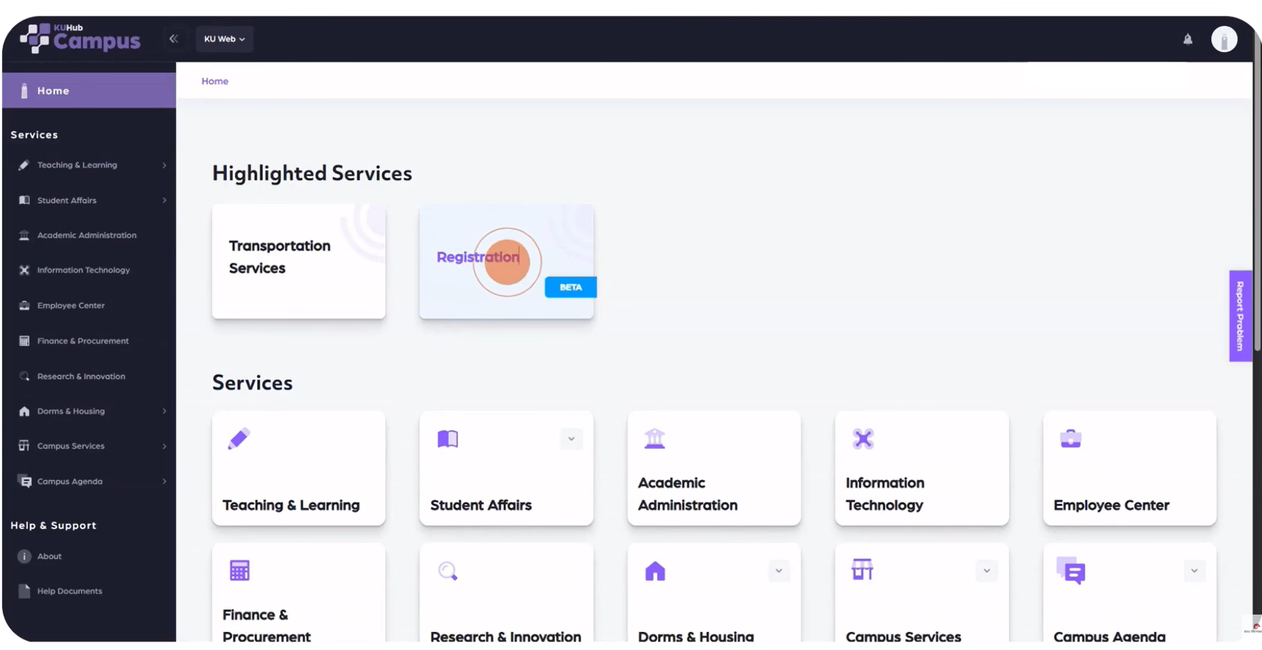 KUHUB services catalog and highlighted services screen